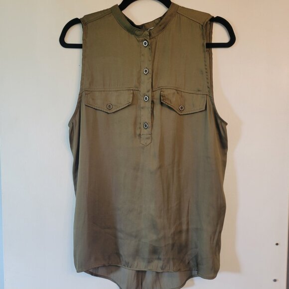H&M | Sleeveless Silk-Look Blouse | Womens Size 12 | Olive Green - Picture 2 of 7